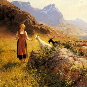 An Alpine Landscape With A Shepherdess And Goals